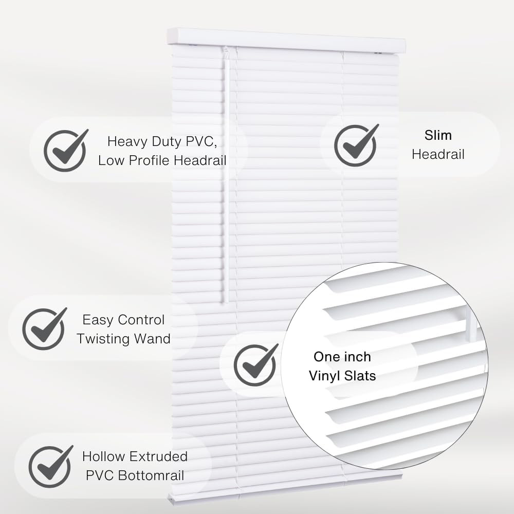 Cordless Mini Blind, 1″ Vinyl Slats, 22″ Wide X 36″ Long – White, Window Blinds