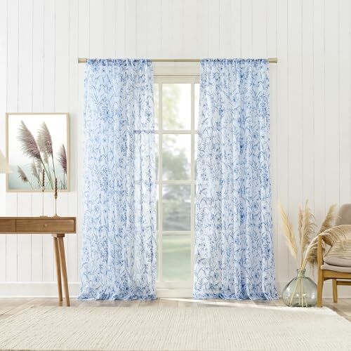 Ambree Vintage Floral Sheer Rod Pocket Curtain Panel, 51″ x 84″, Chinoiserie