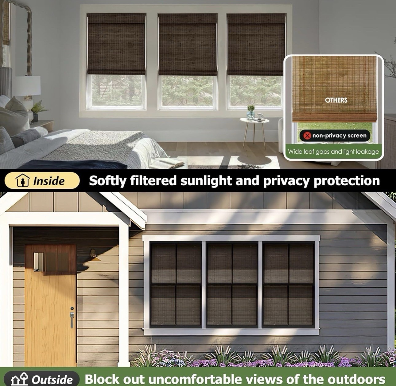 LazBlinds No Drill Cordless Bamboo Roman Shades Roll Up Blinds 22.5′ W x 48” H