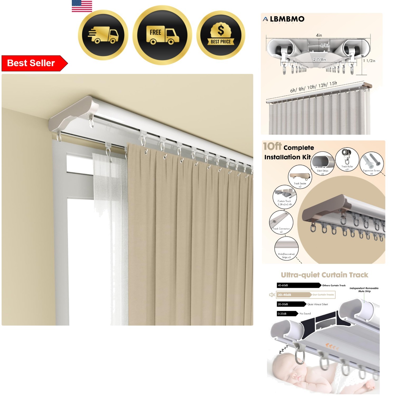 Curtain Track Ceiling Mount Ultra-Quiet Aluminum Rail 10ft Wide Heavy Duty