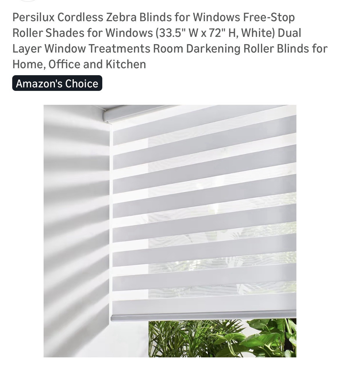 PERSILUX CORDLESS Free Stop ZEBRA BLINDS ROLLER SHADES 33.5″ W x 72″ H, (MS738)