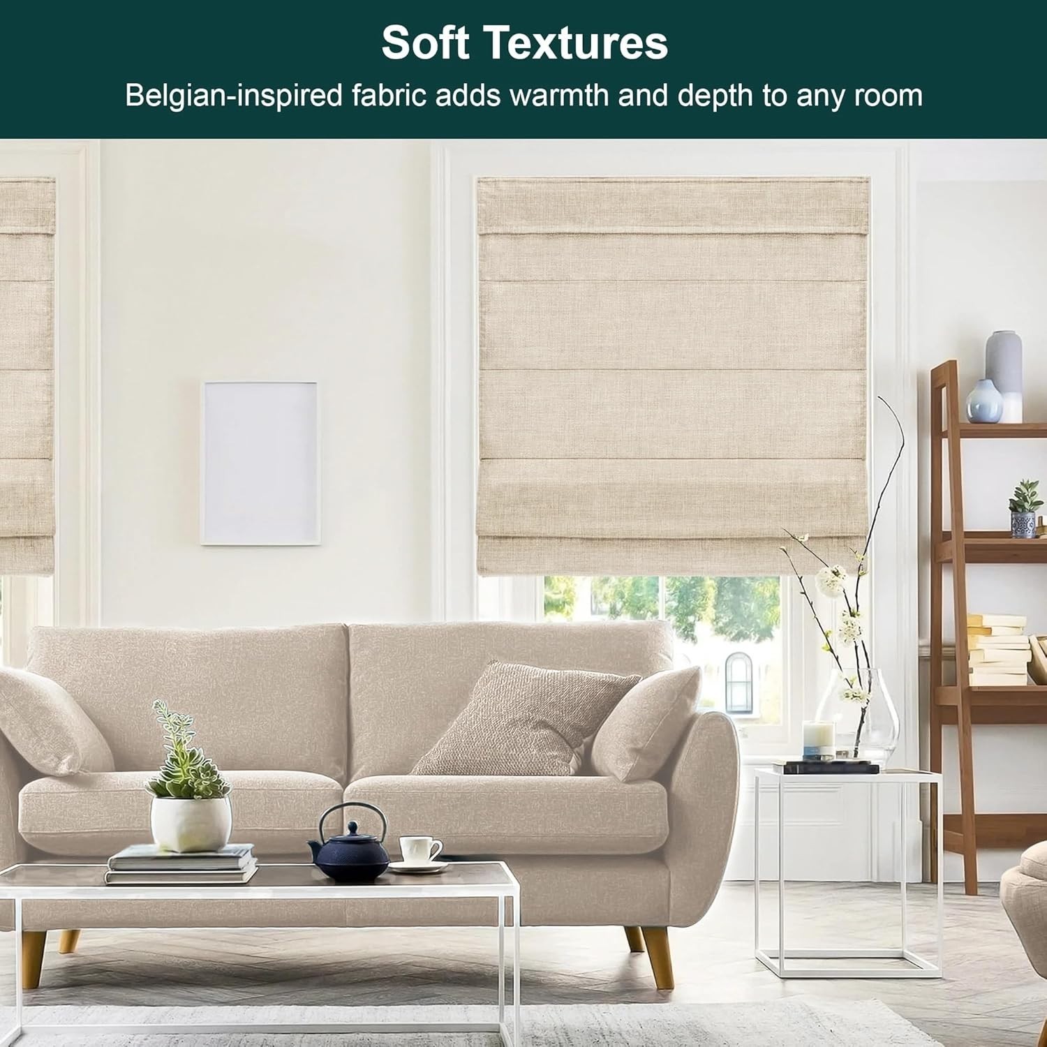 Cordless Roman Shade 34.5″ x 64″ Belgian Flax-~