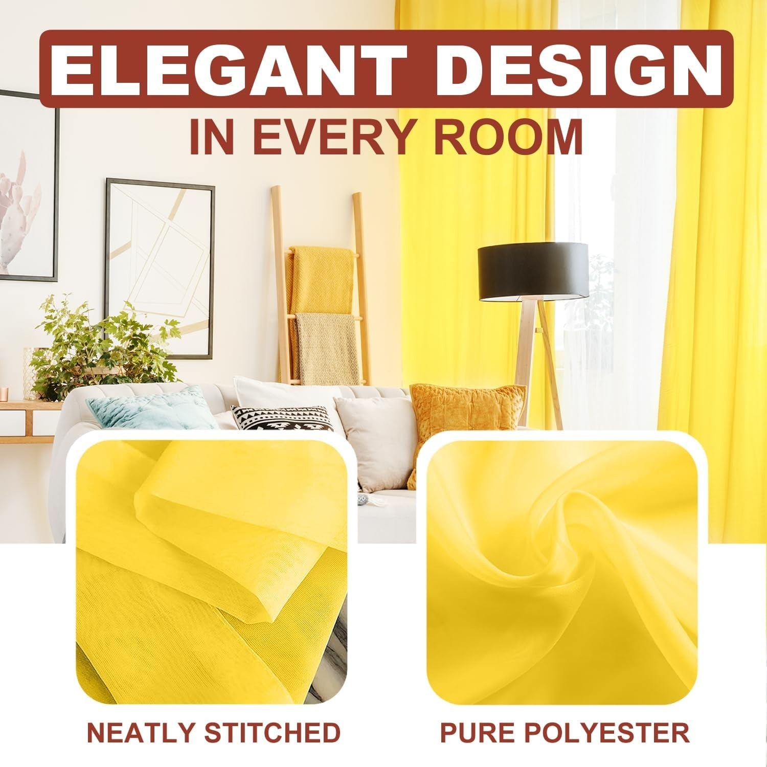 YHSF Sheer Curtain Window Elegant Set of 2, 54″ W x 84″ L each panel, Yellow