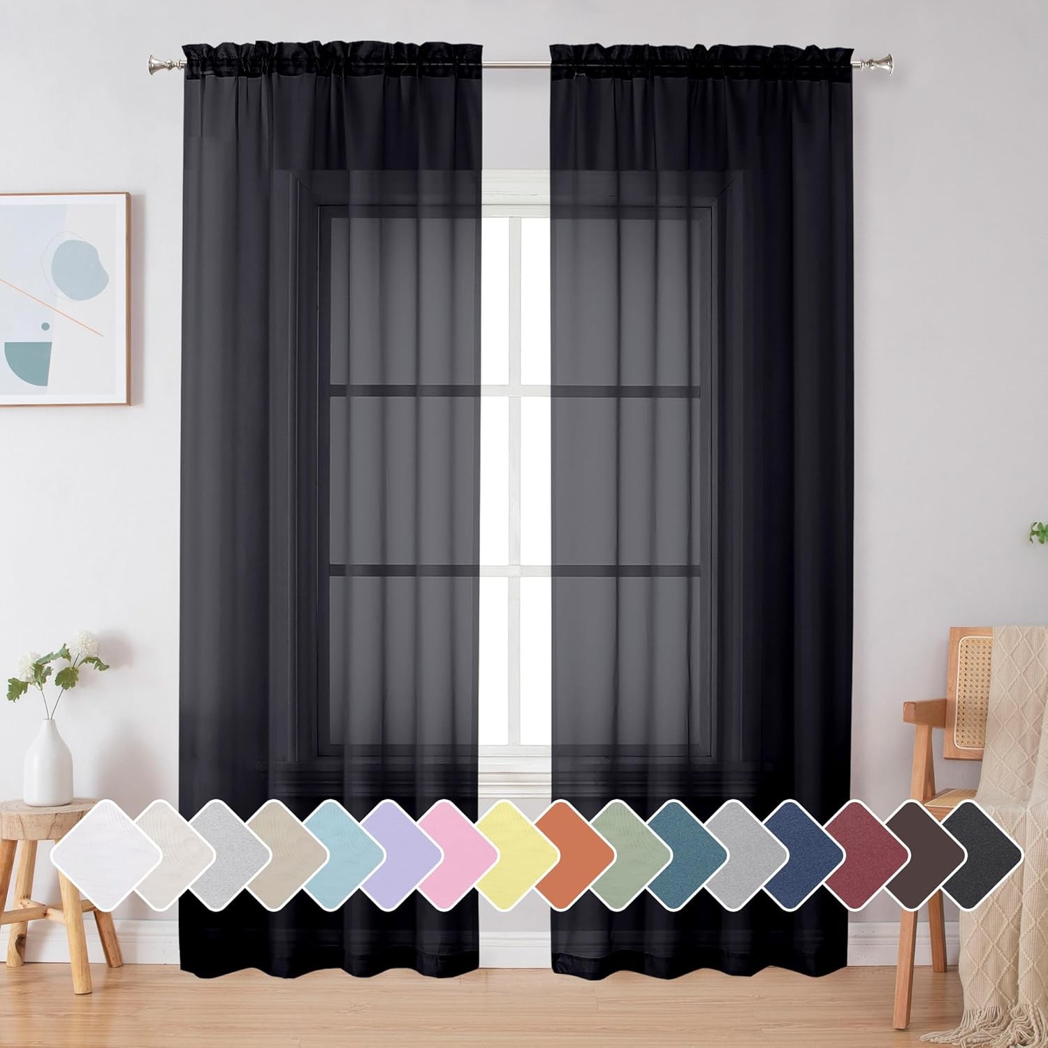 Black Sheer Curtains 84 Inches Long, Light Filtering Rod Pocket Solid Color