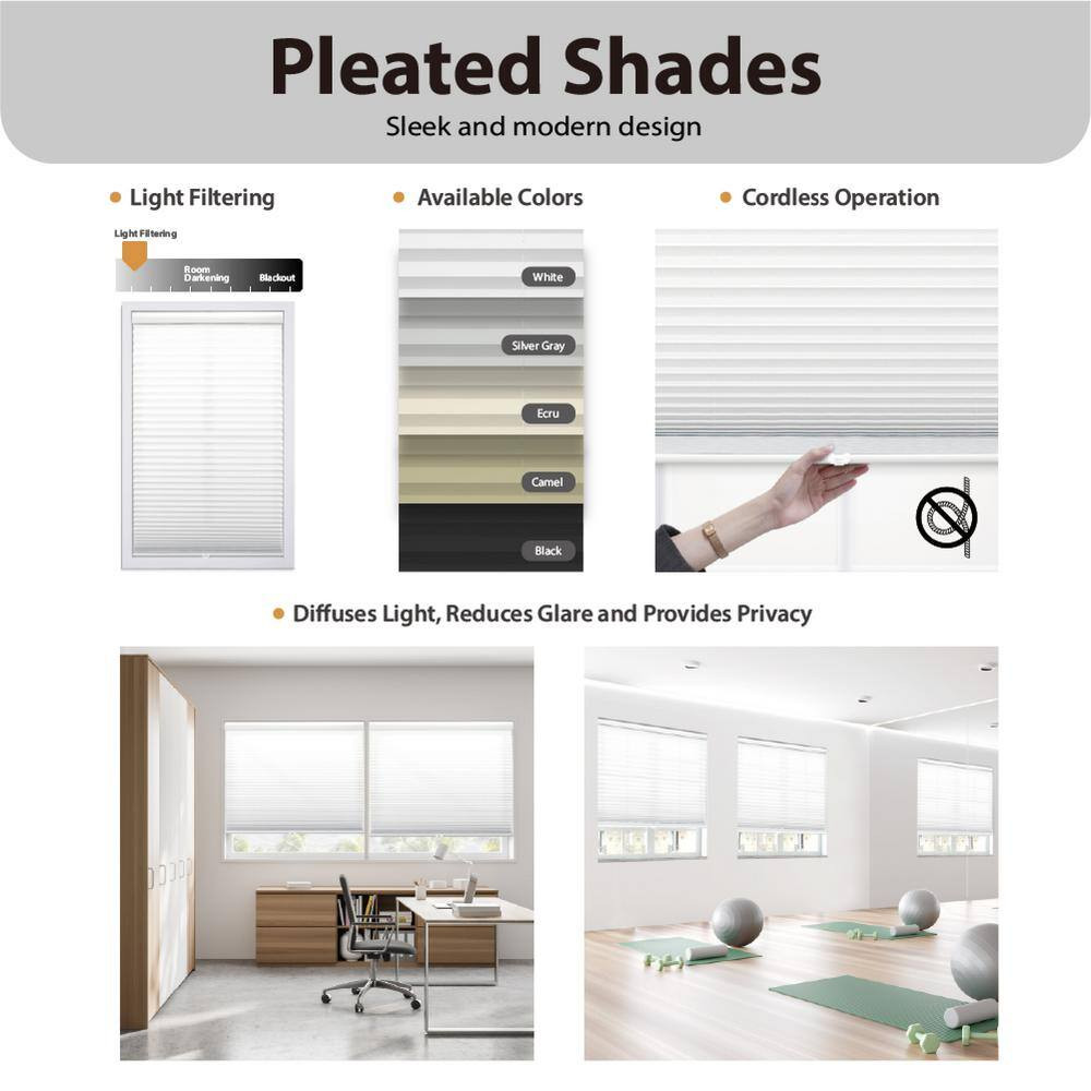 White Cordless Light Filtering Polyester Fabric Pleated Shade – 31 In. W X 64 In