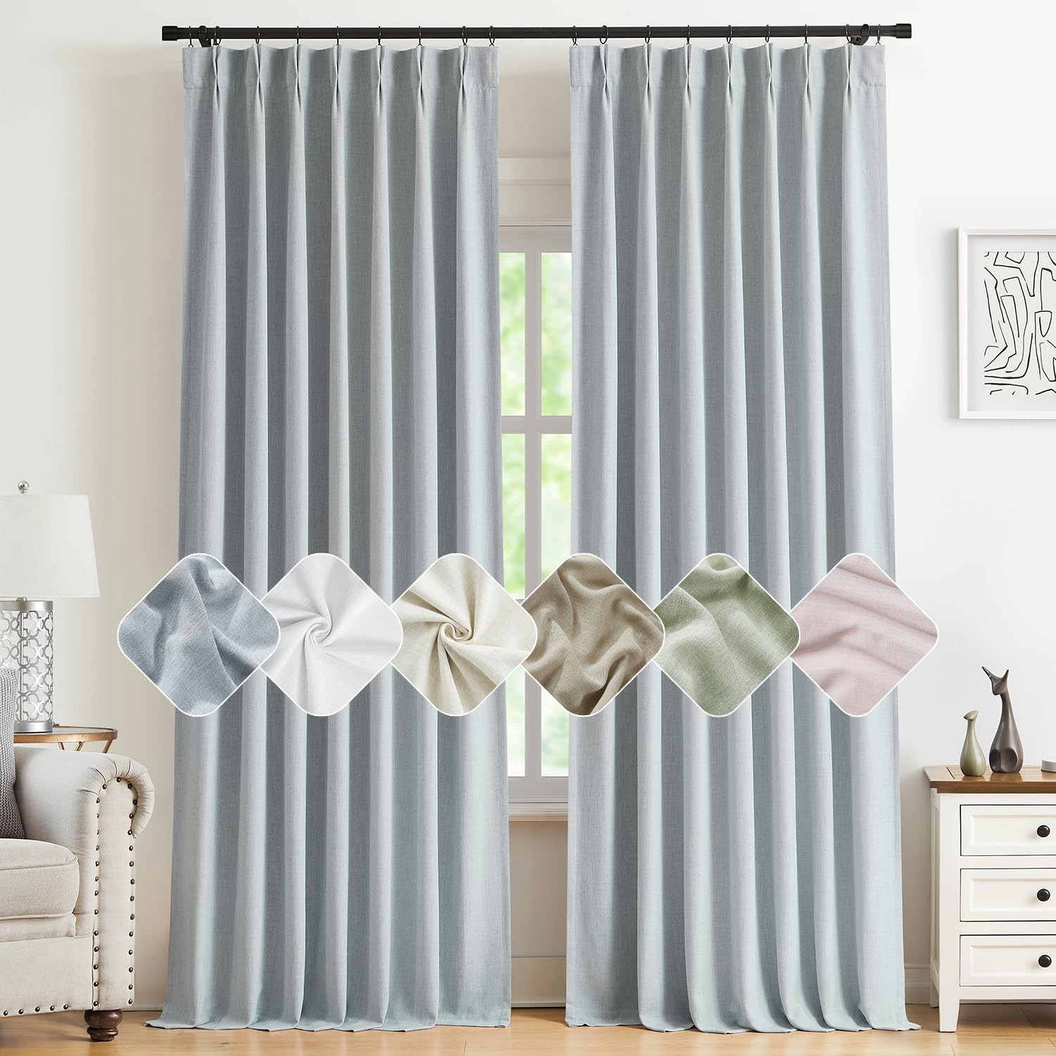 Kayne Studio Blue Gray Pinch Pleated Back Tab Full Blackout Curtains 90Inch