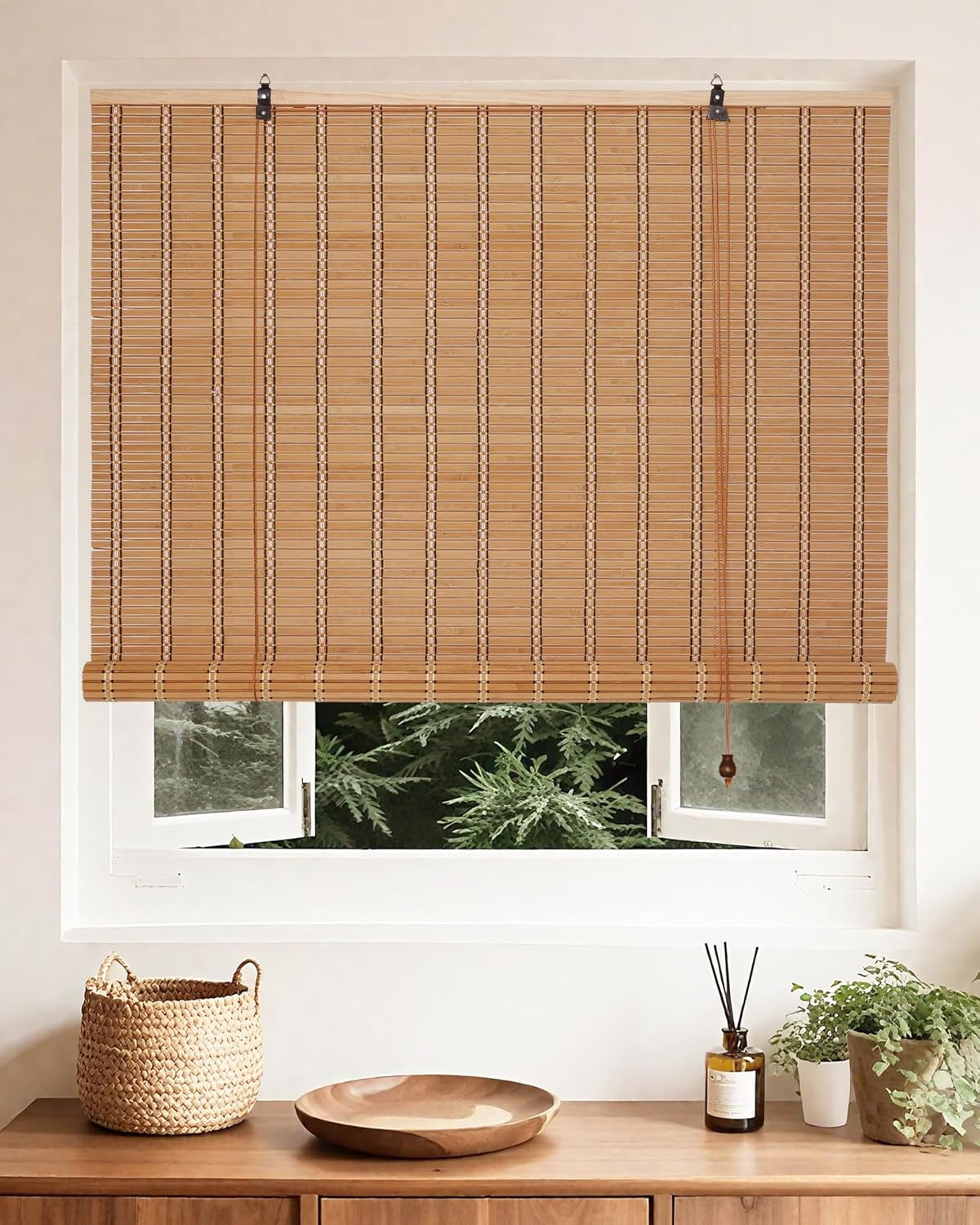 30″ W X 72″ H Bamboo Roller Blinds, Retro Light Filtering,Manual Operation, Insi