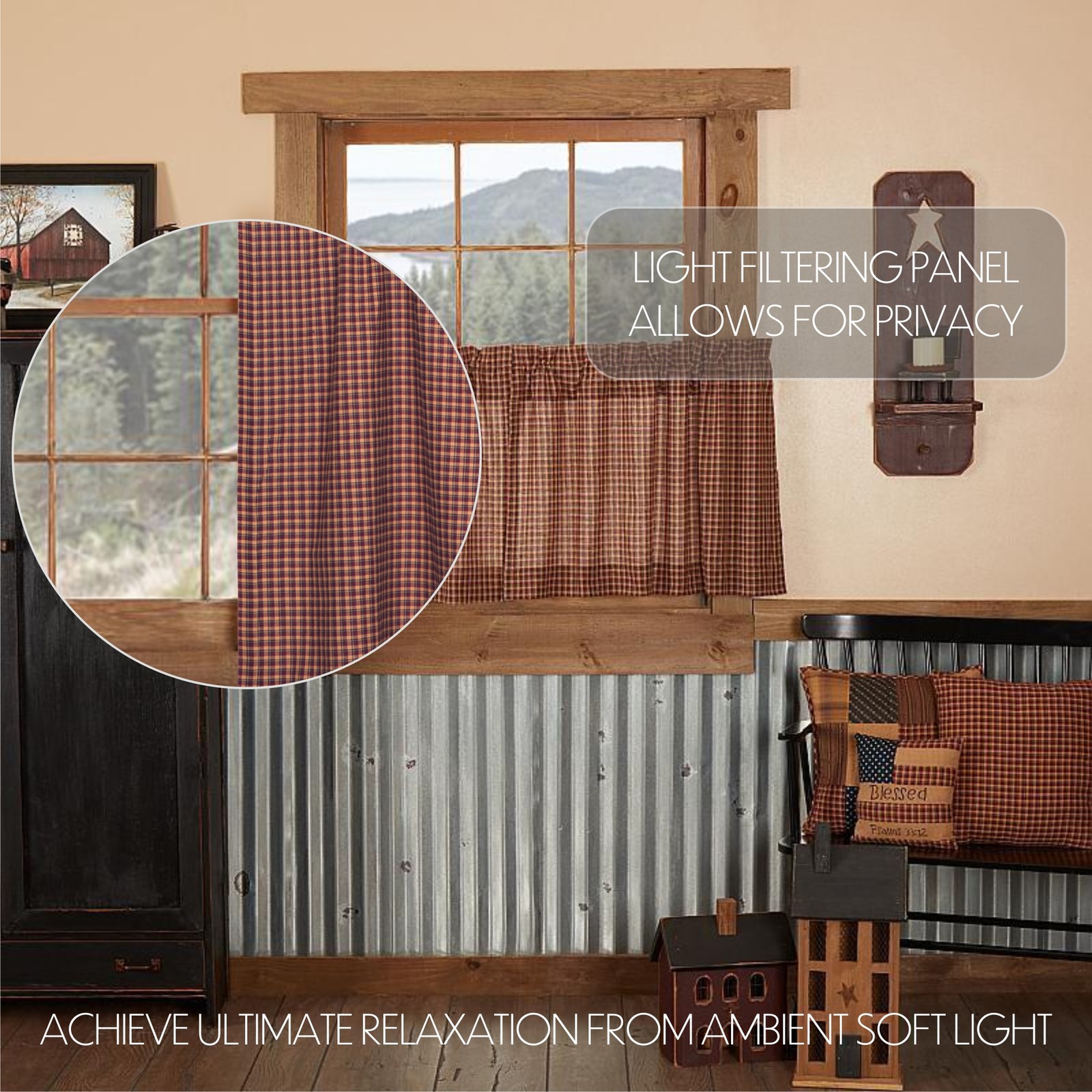 Primitive 24″x36″ Tier Pair Red Rod Pocket Kitchen Window Curtains VHC Brands