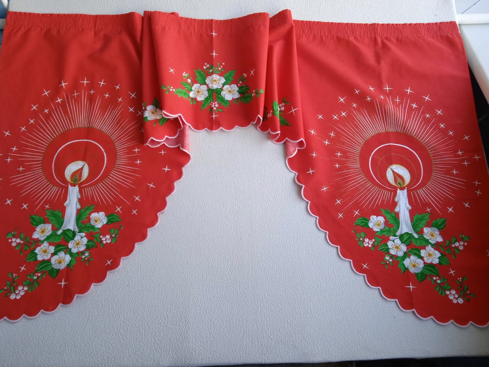 Vintage Christmas Red Cotton Valance with Candle & Flower Pattern Made in Brazil