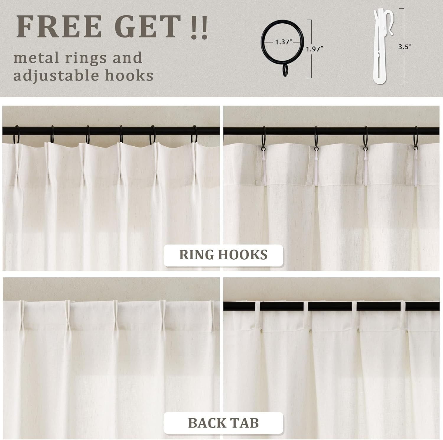 108″ Cream Linen Pinch Pleated Curtains – Light Filtering Drapes for Any Room