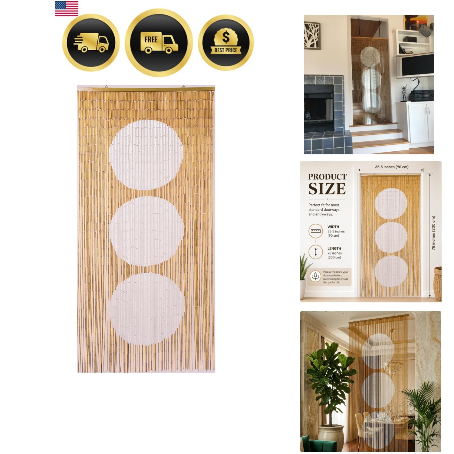 Triple Dots Wood Beaded Curtain for Doorway, 35.5″ x 78″ – Natural Door Beads…