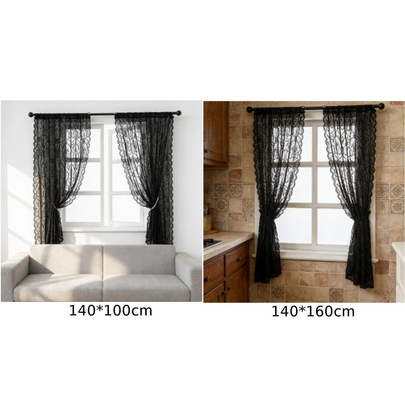 Black Sheer Lace Window Curtains Polyester Fabric European Vintage Style