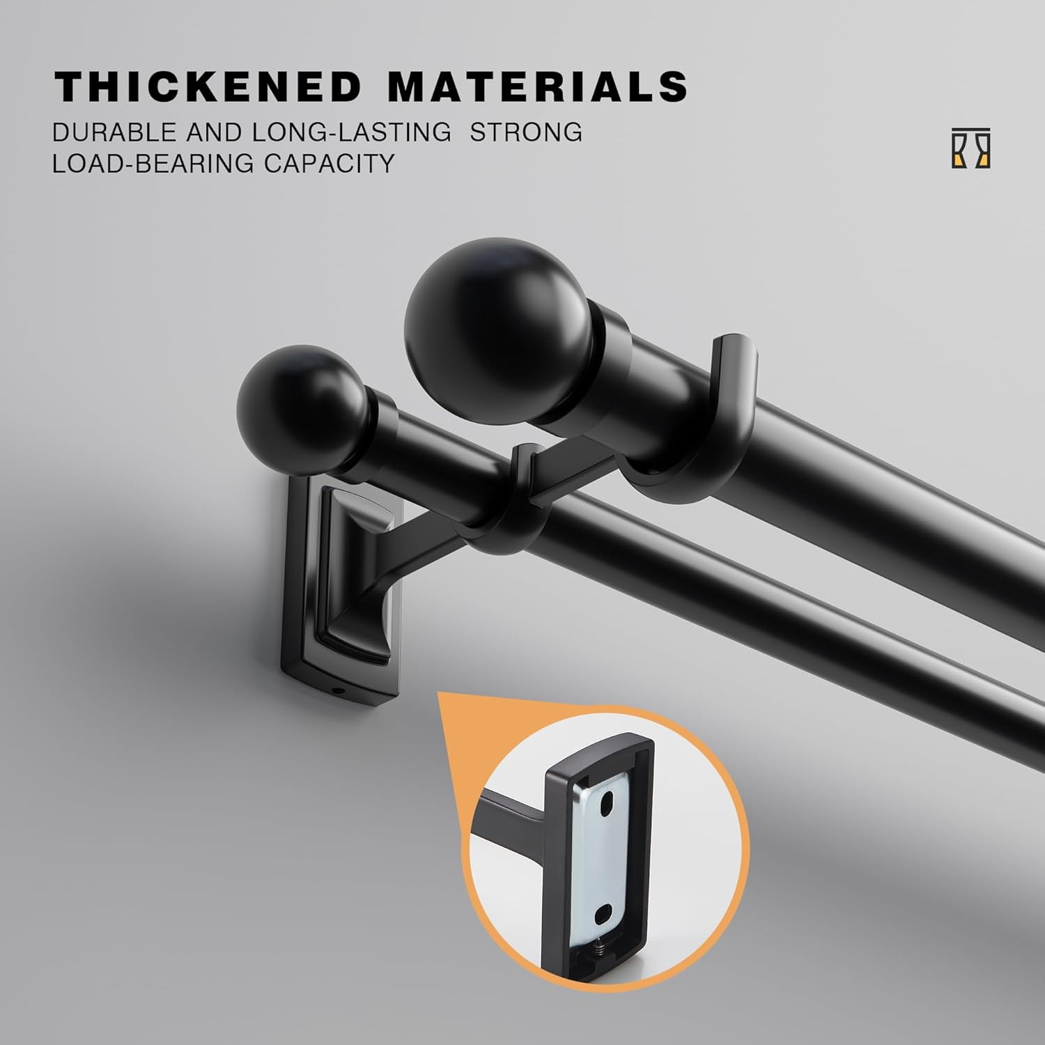 3PCS Double Curtain Rod Brackets Curtain Rod Hooks, Matte Black Heavy Duty