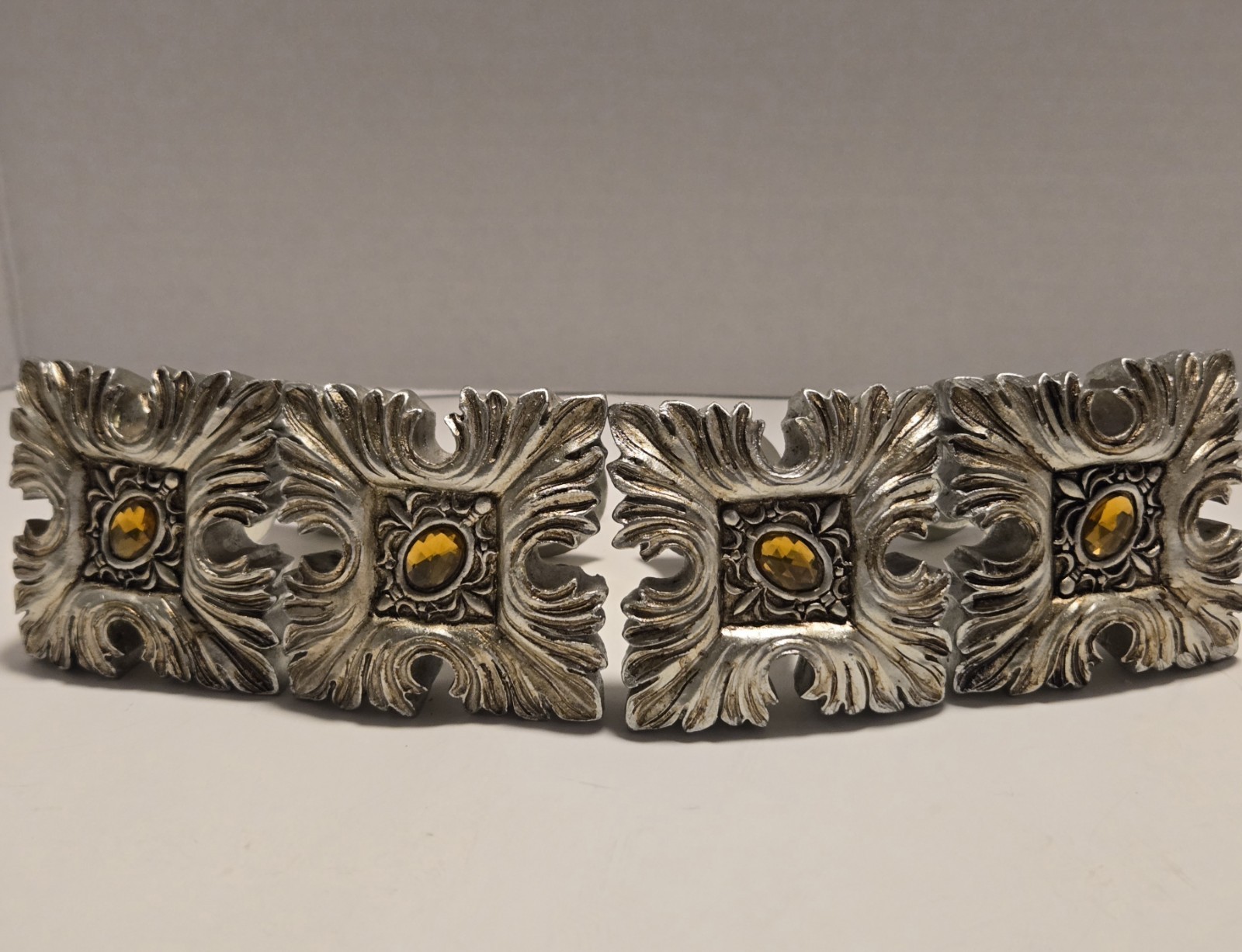 Curtain Tie Back Holder Antiqued Silver Toned- Amber Gem Scroll Finial Set Of 4