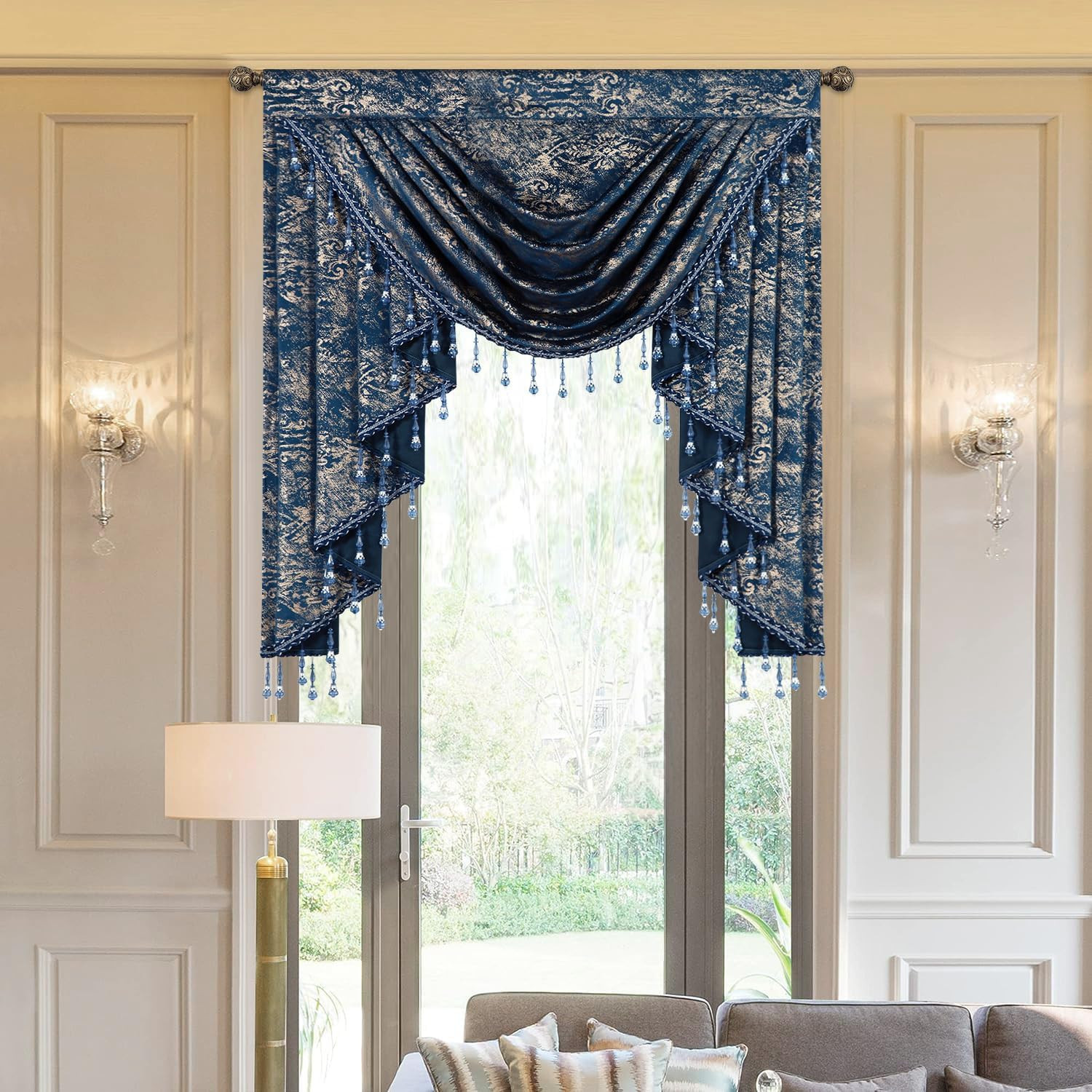 Navy Gold Marble Velvet Valance, Modern Luxury Light Filtering Swag Curtains, 40