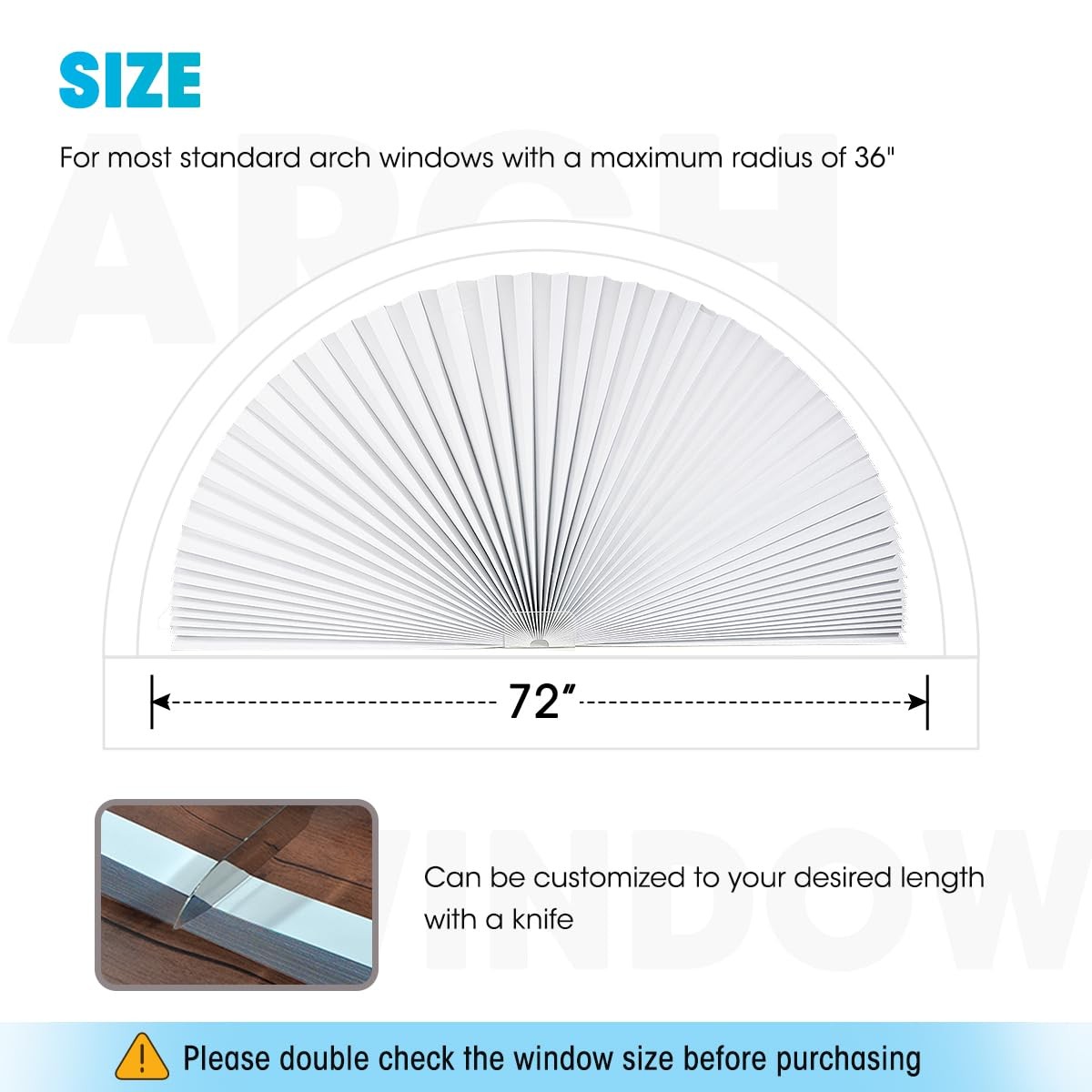 2 PCS Arch Window Light Filtering Pleated Shade Blinds for 72” x 36”, White