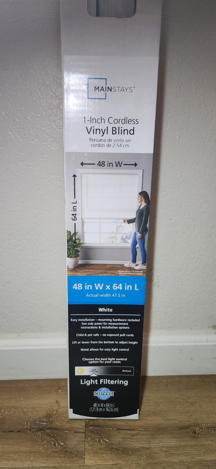 Mainstay 1 inch cordless vinyl Miniblind 48” x 64” New In Box, Wand Control