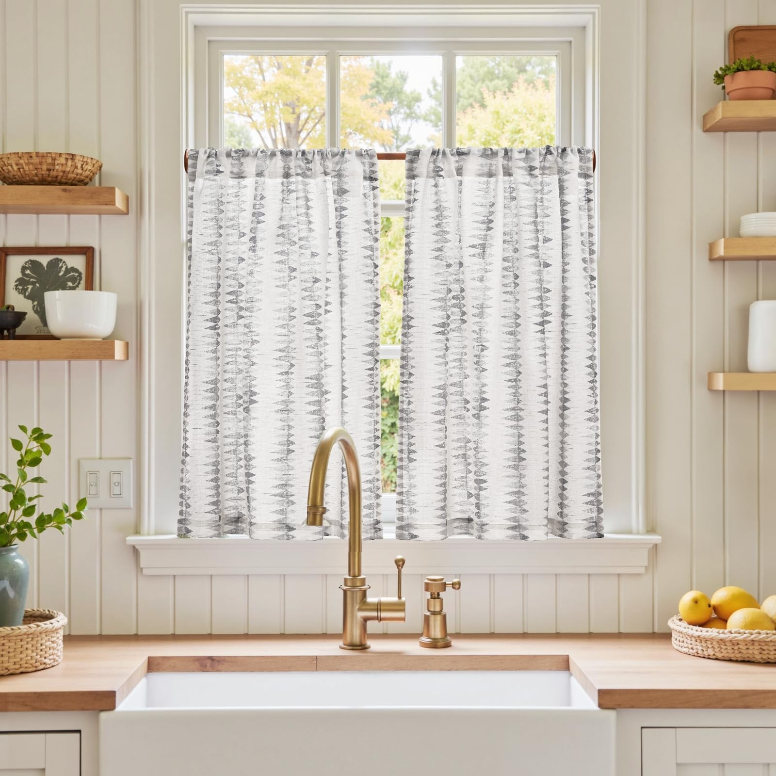 jinchan Grey Boho Linen Kitchen Tier Curtains 36 Inches Rod Pocket 2 Panels