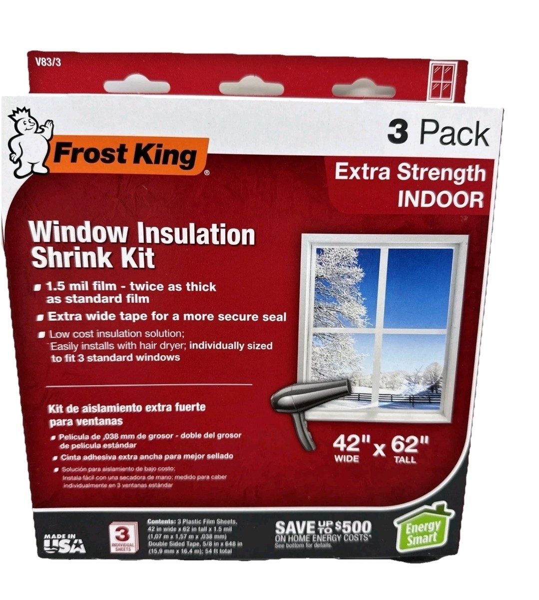 Frost King Window Insulation Indoor Shrink Kit 3 Pack 42” X 62” 1.5mil NIB
