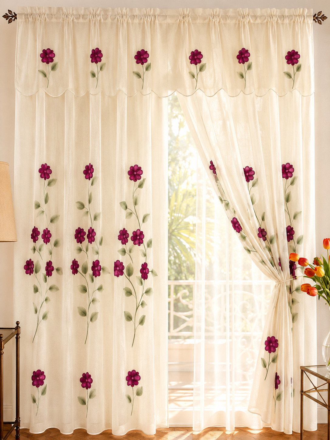 Vintage Ivory Floral Sheer Curtain Panel Double Layer Valance 60 in. x 84 in.