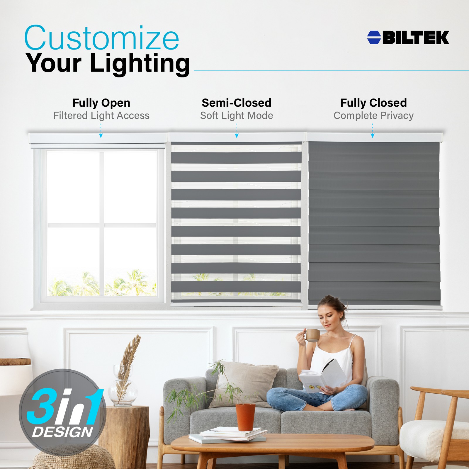 Cordless Zebra Roller Blinds Sheer Shades, Sheer or Privacy – Gray, 30″W X 72″H
