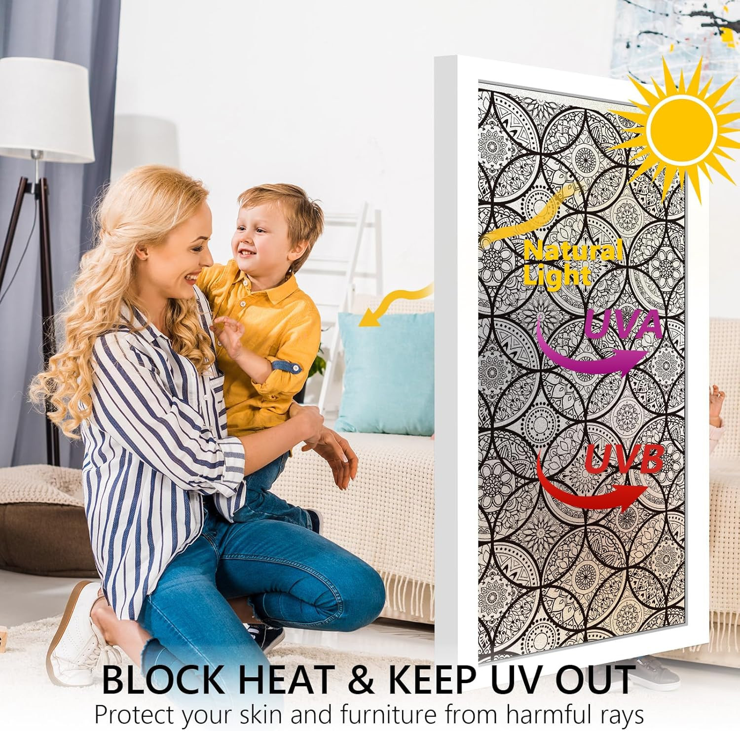 Boho Stained Glass Look Window Privacy Film with Installation Tools, Decorative