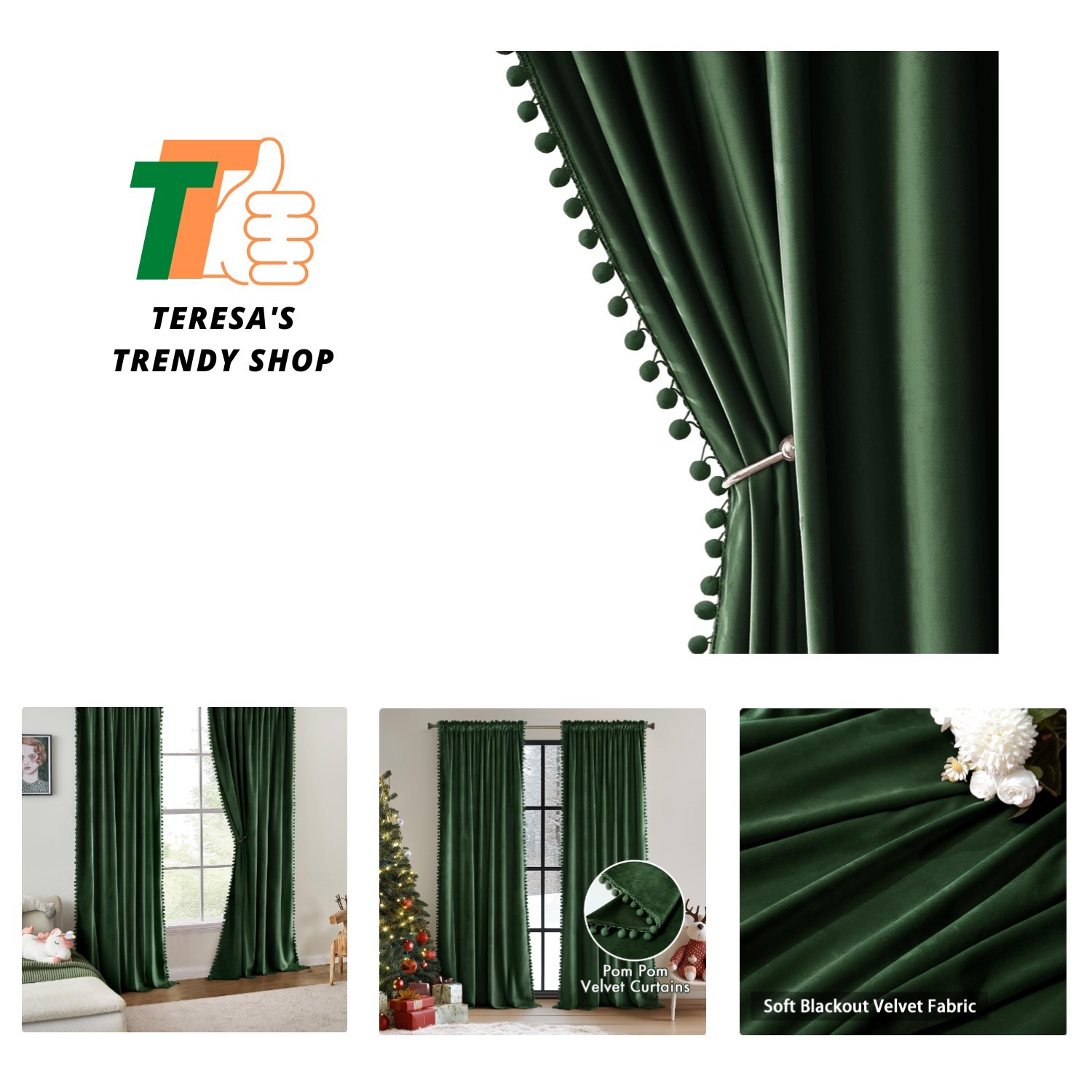 Chic Pom Pom Velvet Curtains for Bedroom/Living Room – 96″ Long, Room Darkening