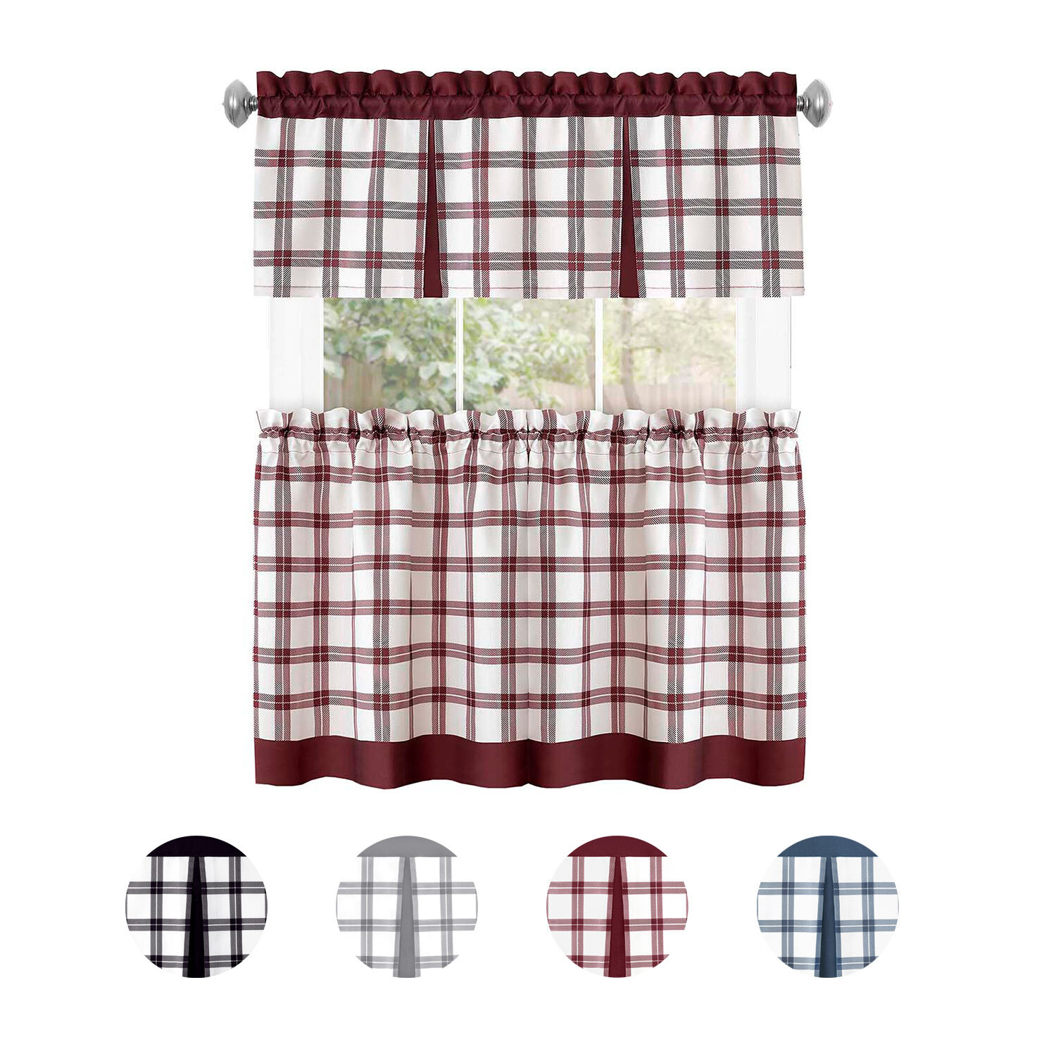 PowerSellerUSA Semi-Sheer Two-Tone Modern Kitchen Curtain with Classic Plaid