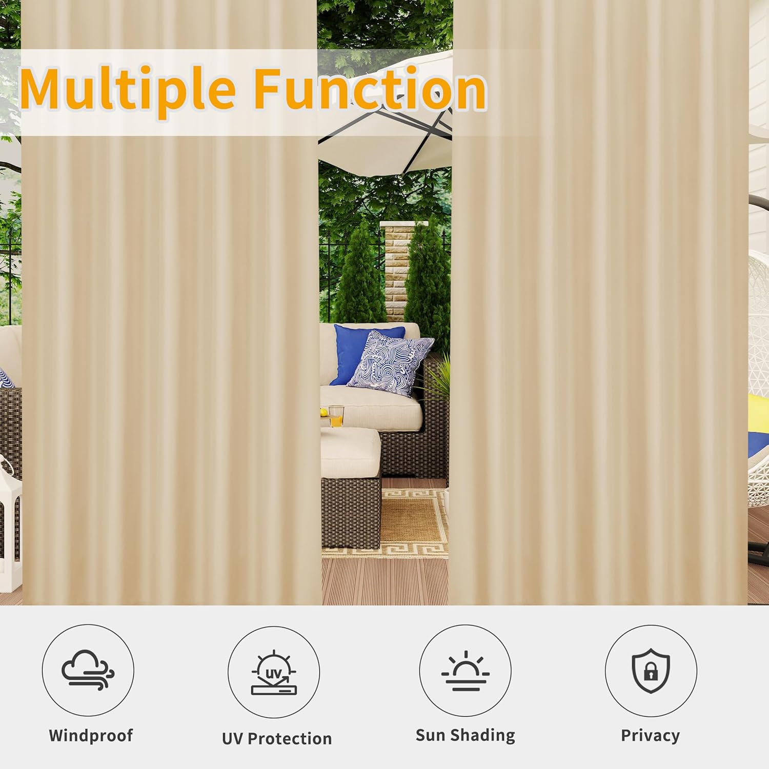 Outdoor Patio Curtains Detachable Tab Top Weatherproof Panels 54×84 Inch 2pc Bei