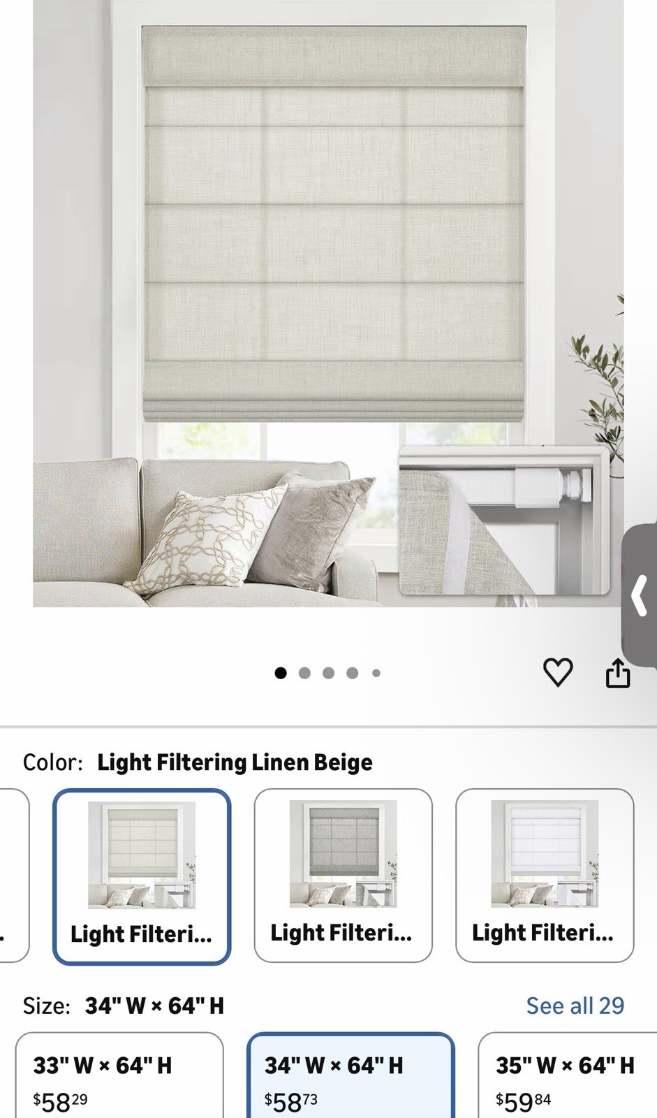 Linen Beige Light Filtering Cordless No-Drill Roman Shade 34 in W x 64 in H