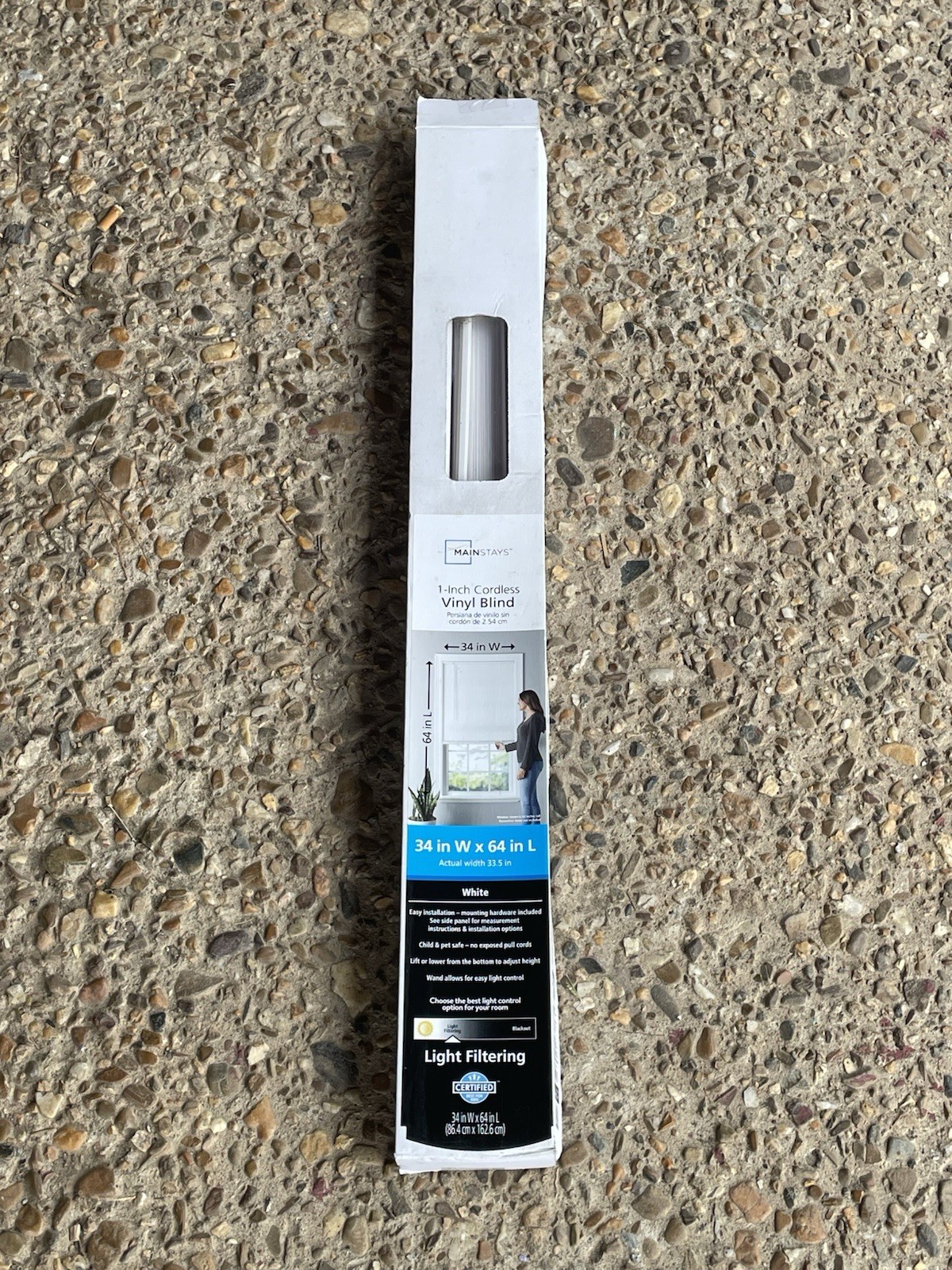 Mainstays 1-Inch Cordless Vinyl Blind, White, 34 in W x 64 in L, Light Filtering