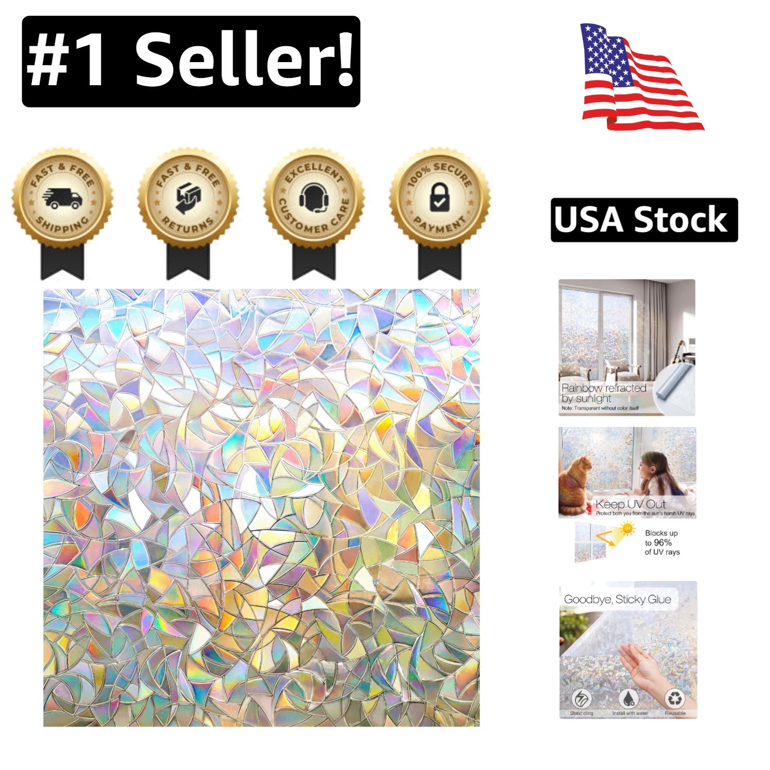 Non-Adhesive 3D Rainbow Window Film, UV Protection, Easy Install, 17.5 x 78.7