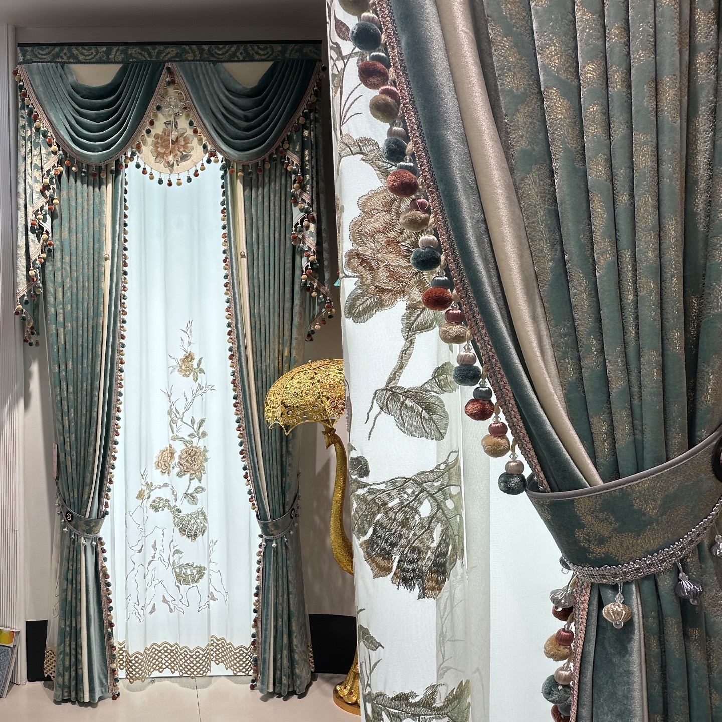 luxury European Embroidery valance bronzing blue Velvet curtain tulle M1800