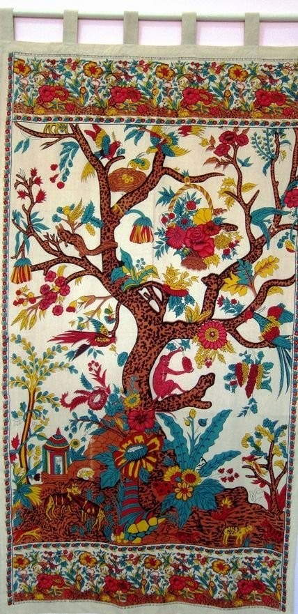 Handmade Tree of Life Cotton Tab Top Curtain Drape Panel 44″ x 88″ Beige Tan