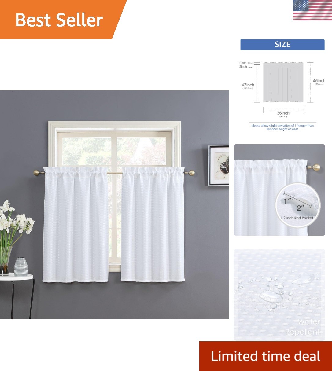 White Water Resistant Bathroom Window Curtain, Dot Waffle Textured Half Tier …
