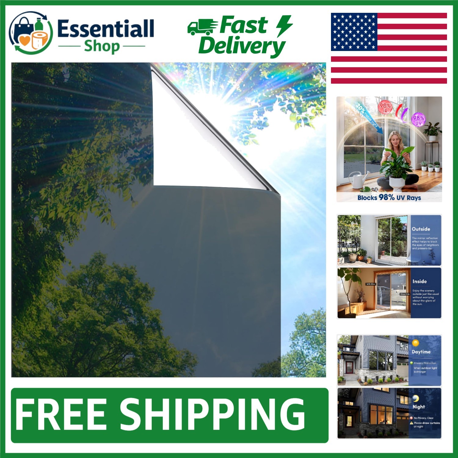 Black Silver Reflective Privacy Window Tint – DIY Installation 17.5 x 78.7 in.
