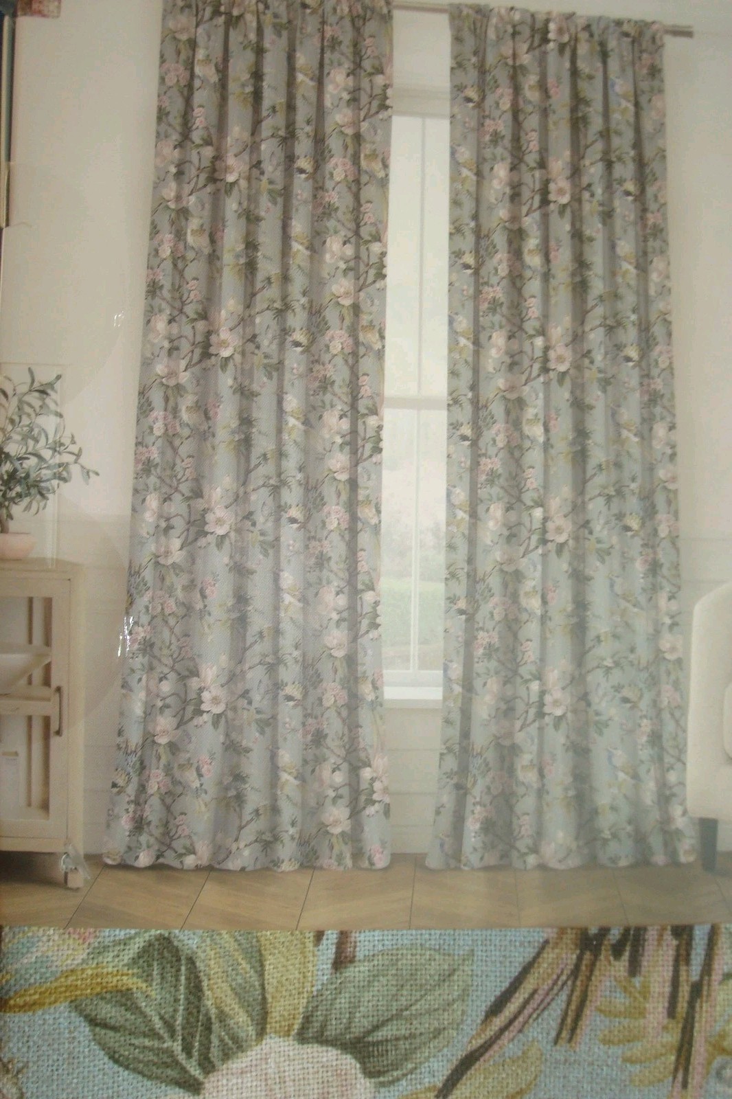 NWT Envogue 2 pc Window Curtains Dogwood Floral w/ Birds Aqua ea 37″ x 96″ lg