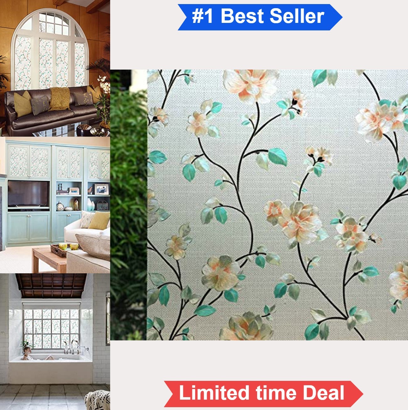 Static Cling Window Privacy Film Frosted Floral Stained Glass Design 11.8×78.7