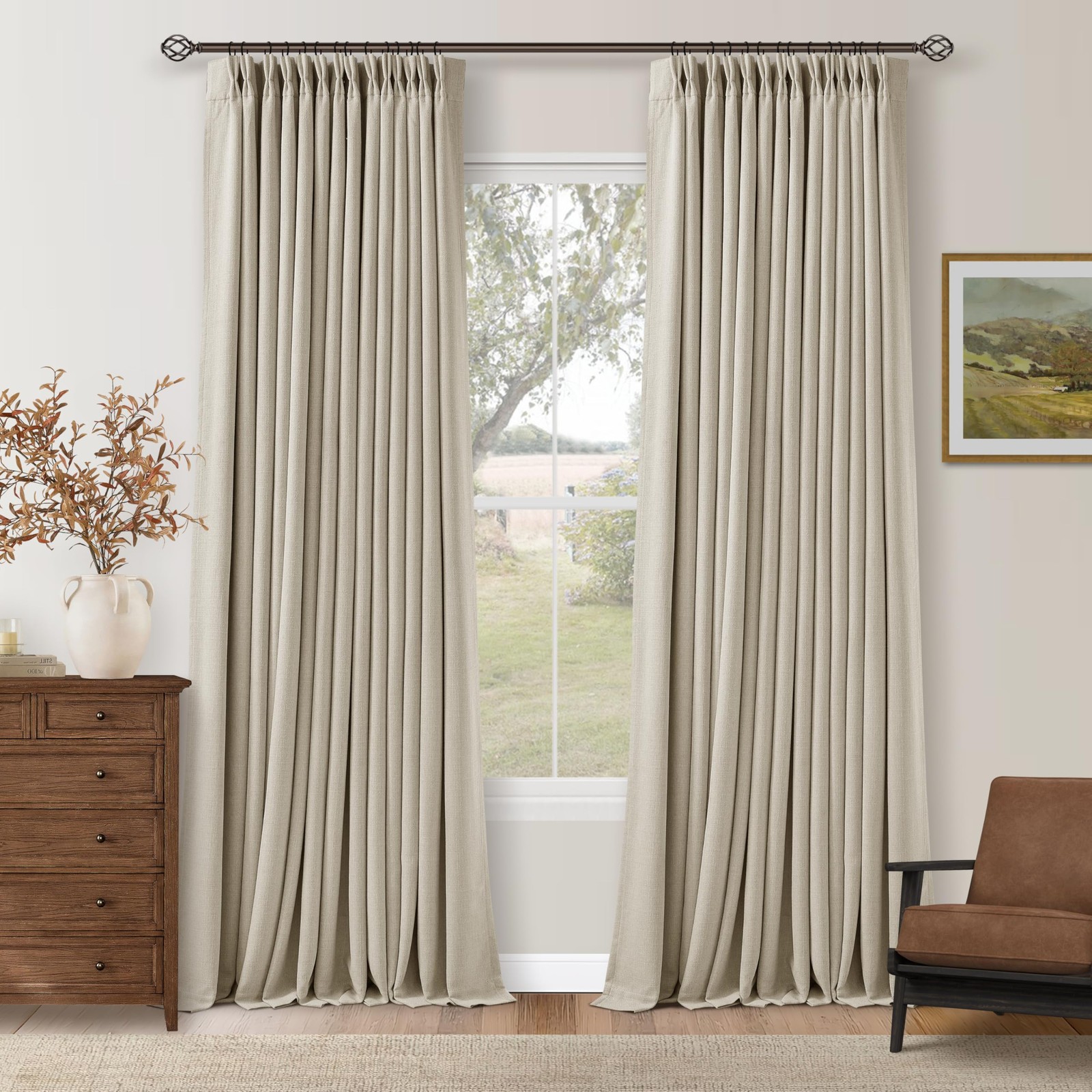 102 Inch Blackout Linen Pleated Curtains for Bedroom Living Room Darkening Pi…