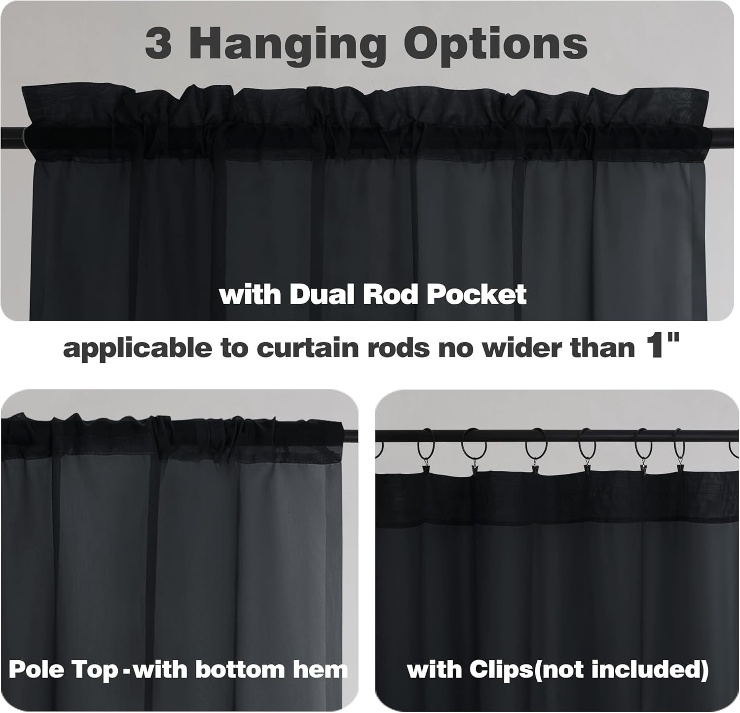 Light Filtering Black Sheer Curtain Set – 63 Inch Drapes for Any Room, 2 Pieces