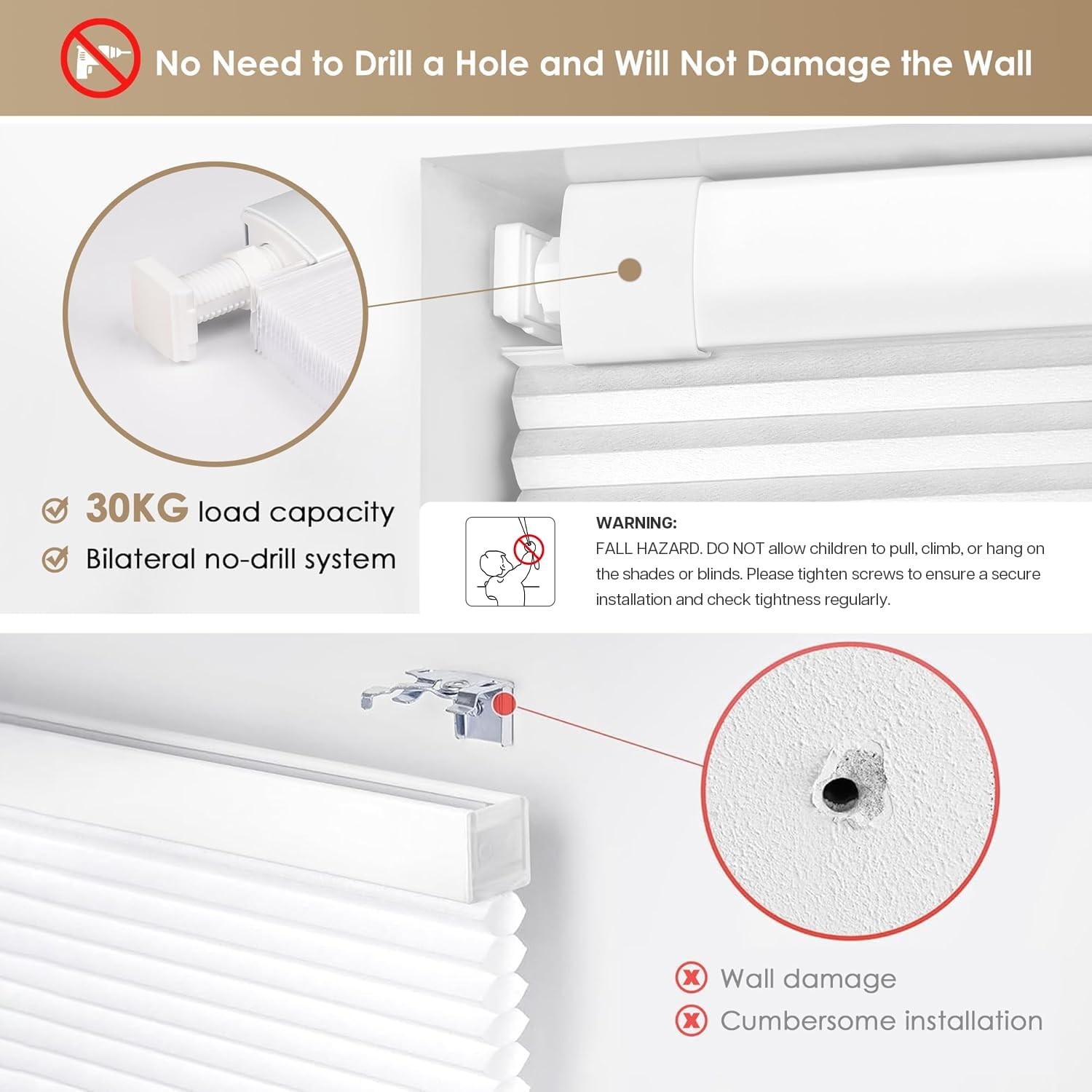 LazBlinds No Tools No Drill Cordless Cellular Shades, Blackout 25″ W x 48″ H, Wh