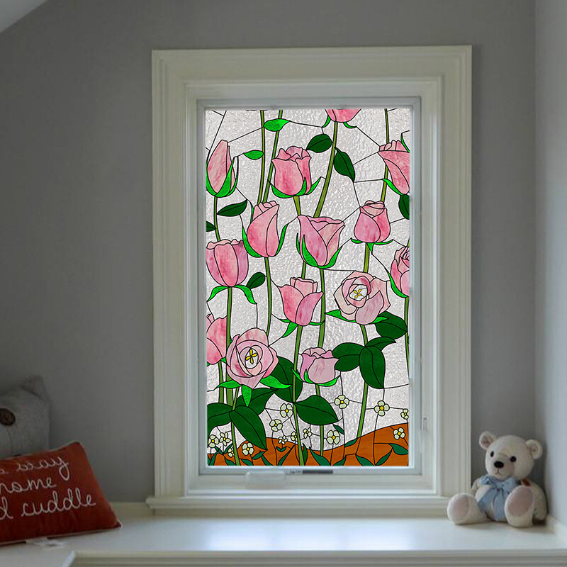 Retro Pink Flower Blossom Window Film Print Sticker Cling Stained Glass Decor