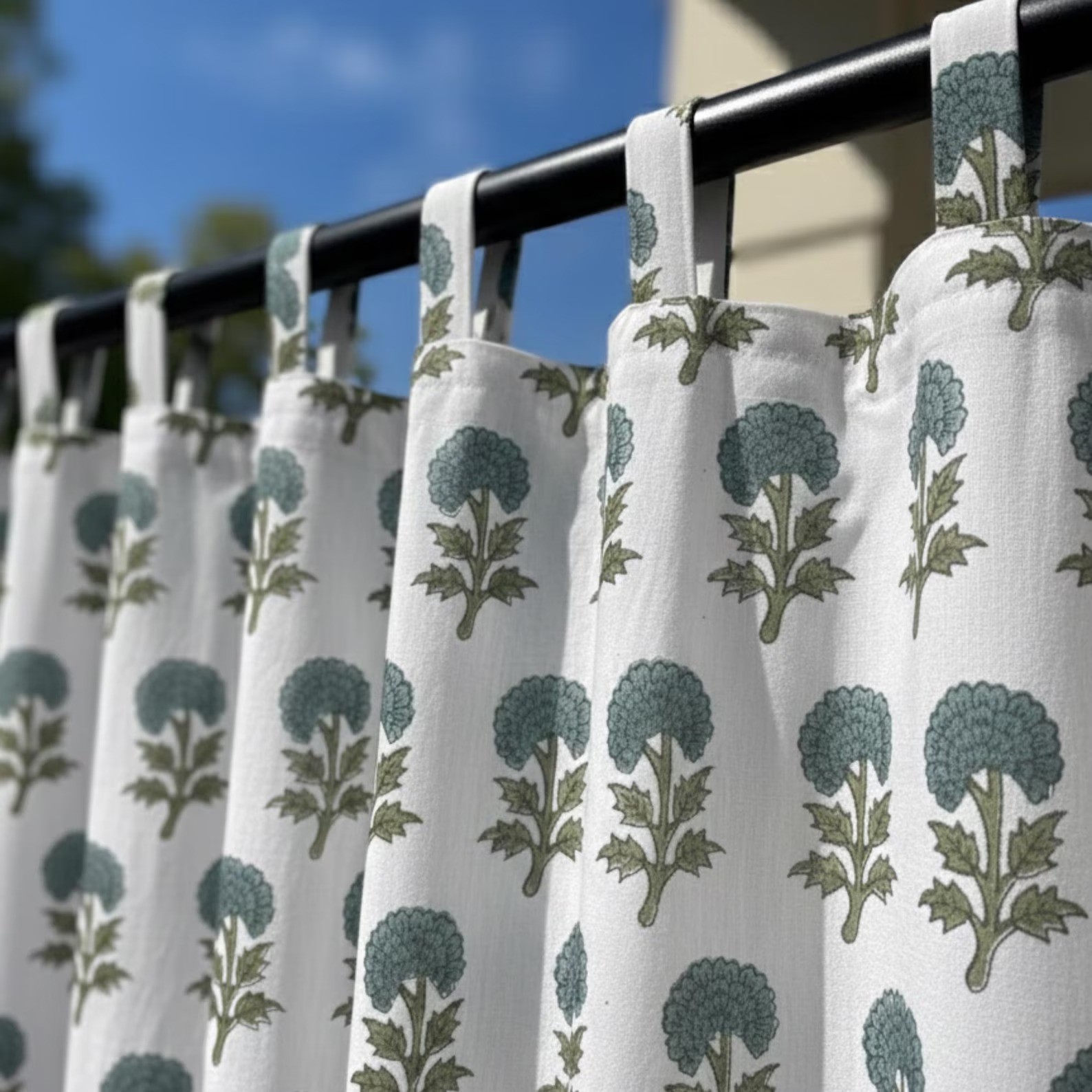 Hand Block Print Cotton Curtains Floral Boho Window Drapes Tab Top Set of 2