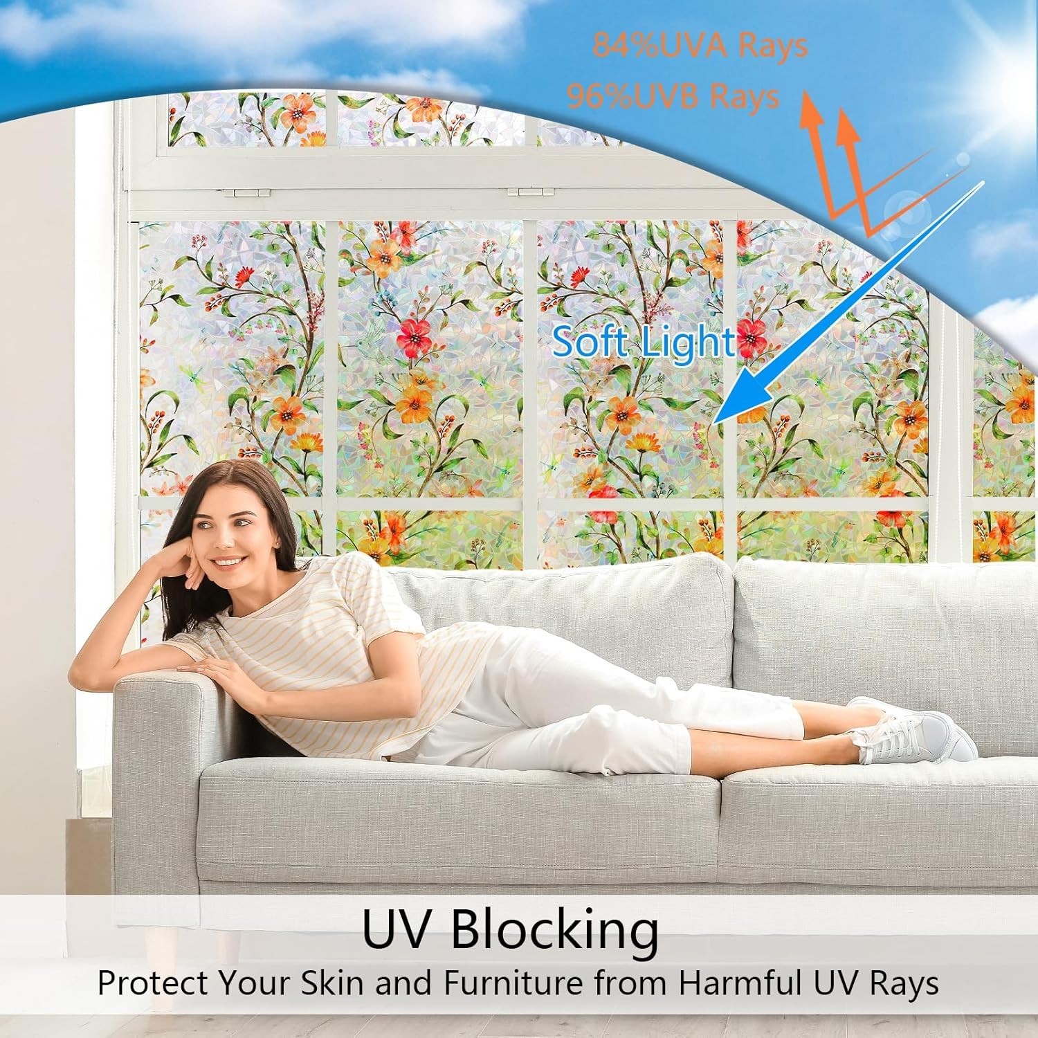 Elegant Floral Stained Glass Window Film – UV Blocking & Static Cling, 17.5×78.7