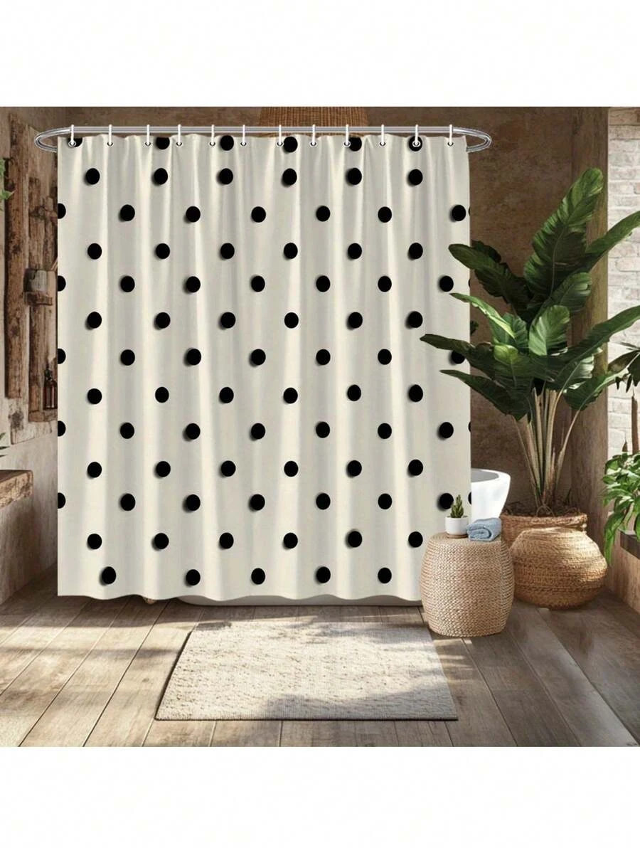 1PC Modern Beige And Black Polka Dot Shower Curtain, Classic Polka Dot Pattern