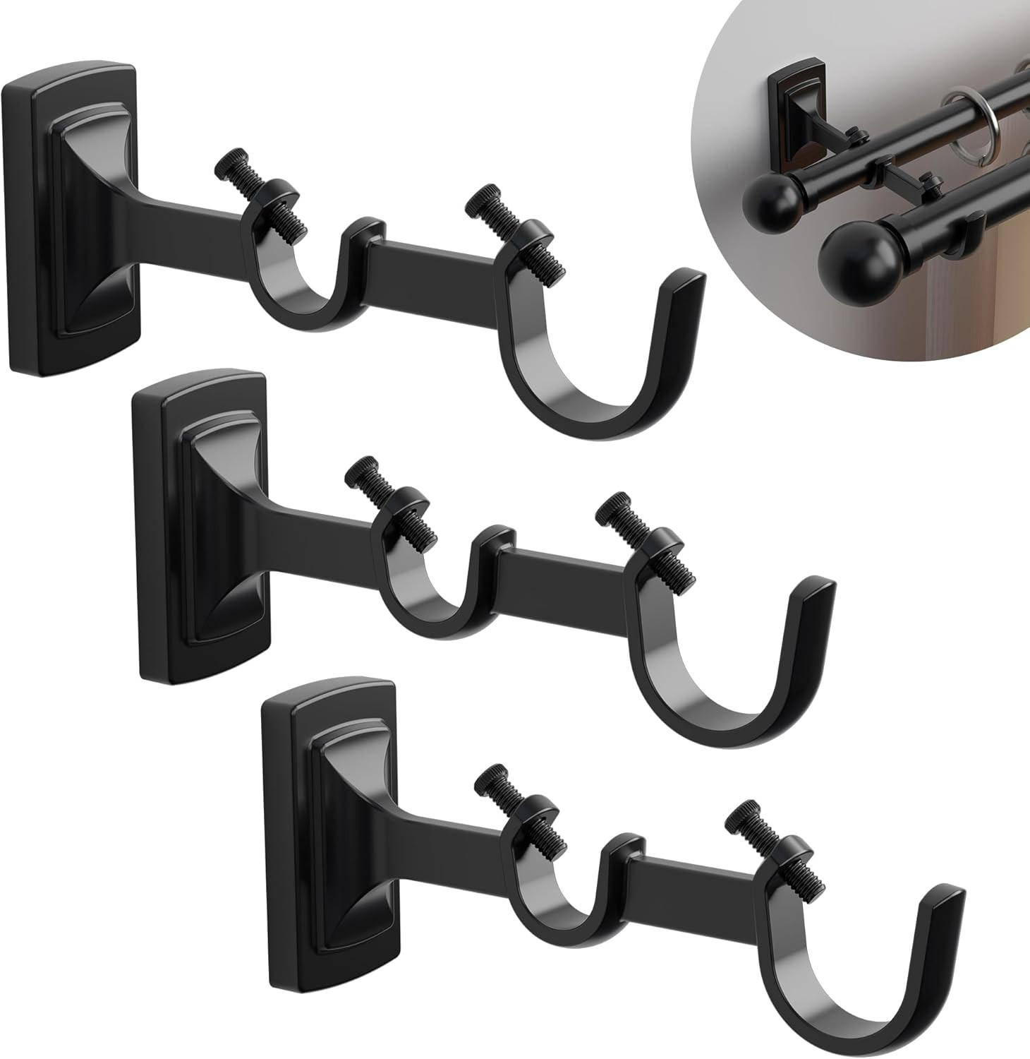 3PCS Double Curtain Rod Brackets Curtain Rod Hooks, Matte Black Heavy Duty