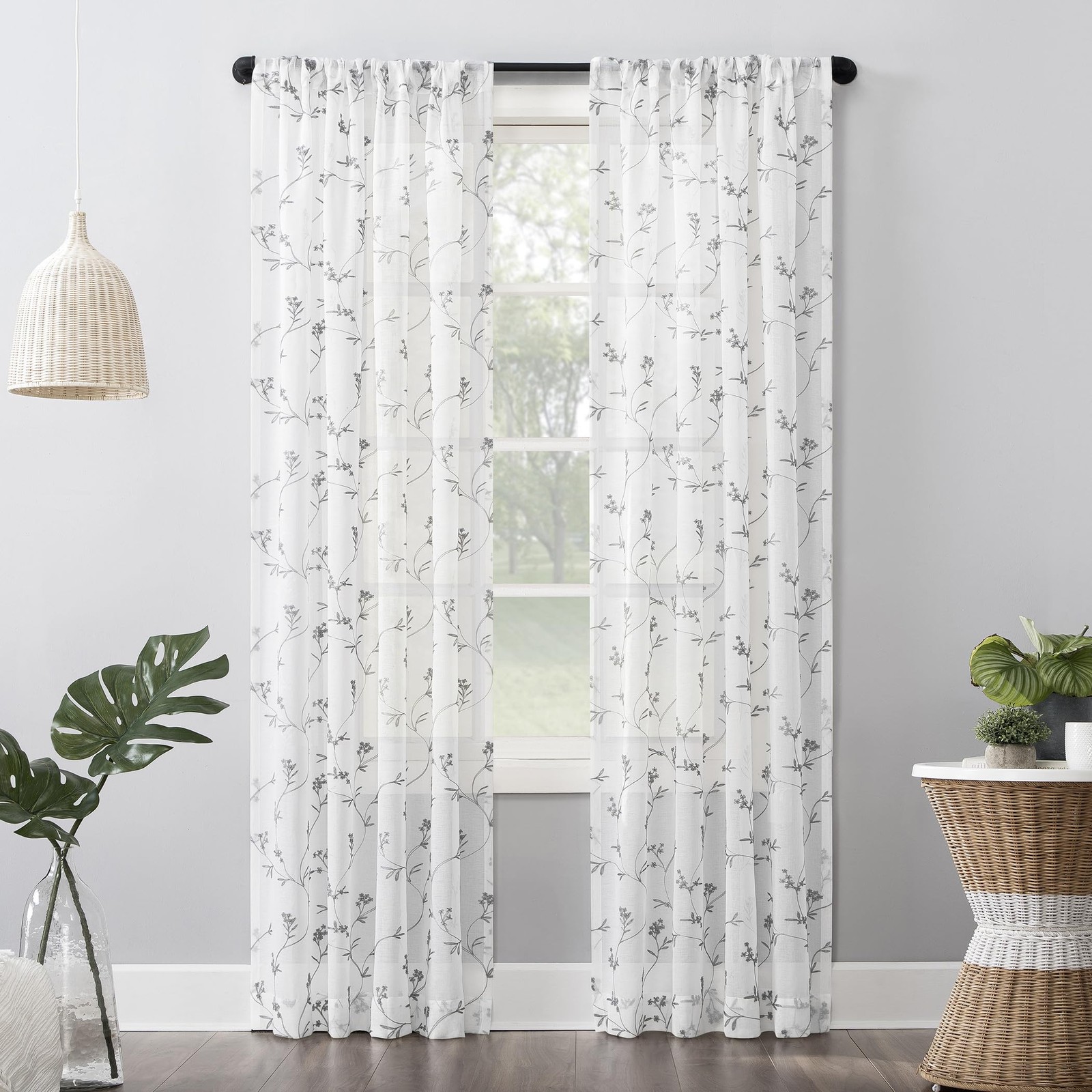Delia Embroidered Floral Sheer Rod Pocket Curtain Panel, 50″ x 84″, White