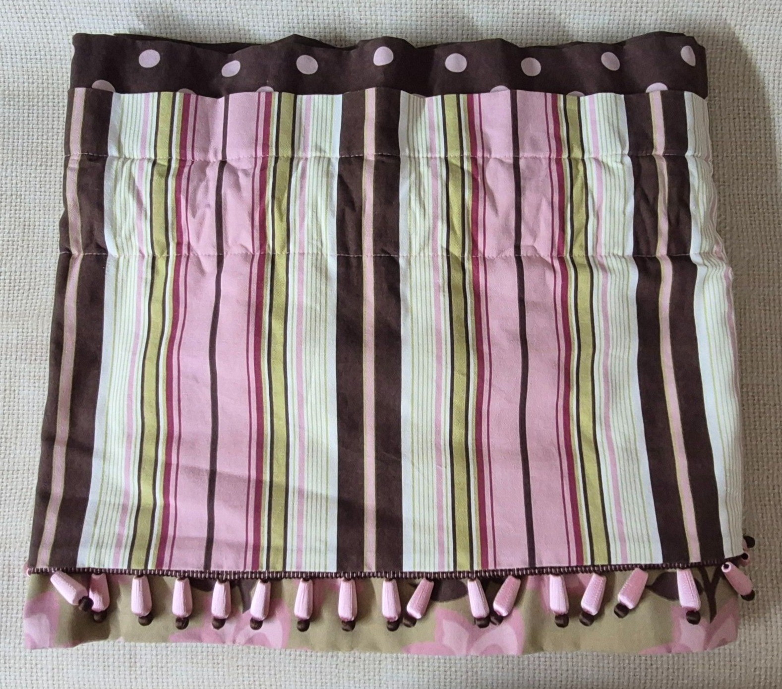Girls Brown & Pink Striped Polka Dot Curtain Valance Tassels 13′ Long Window