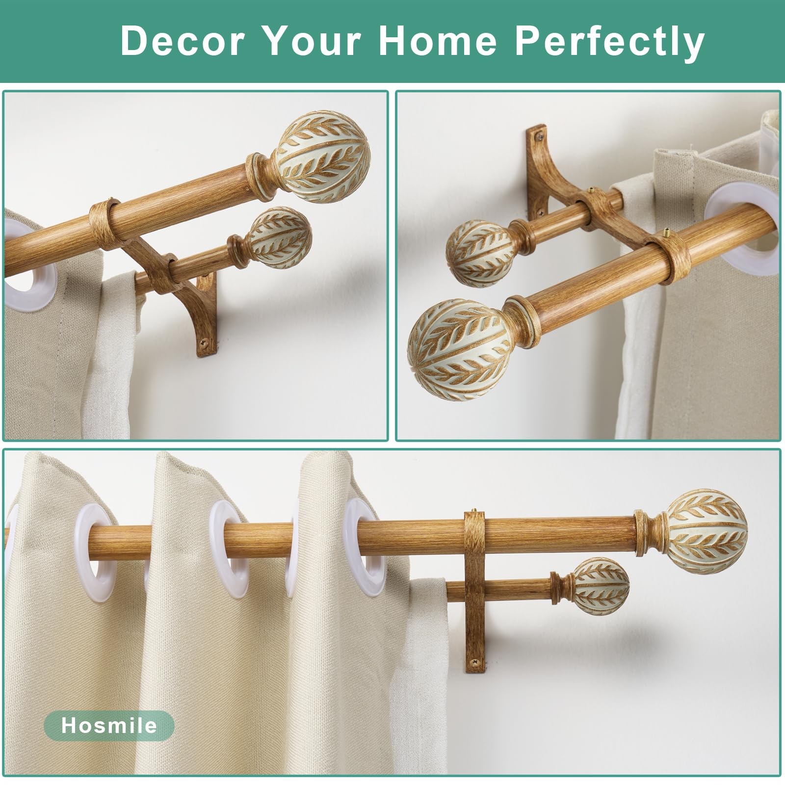 Double Wood Curtain Rods 72-144 Inch(6-12ft), Heavy Duty 1 Inch Front and 5/8…