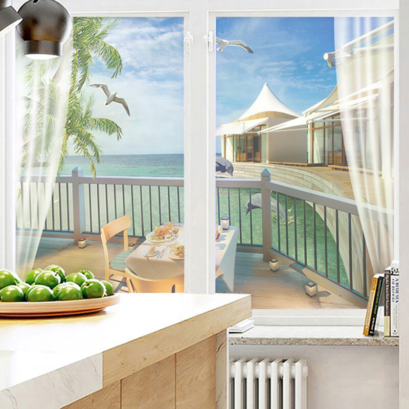 Frosted Window Film Decorative Seaside Beach Glass Stickers Static NEW